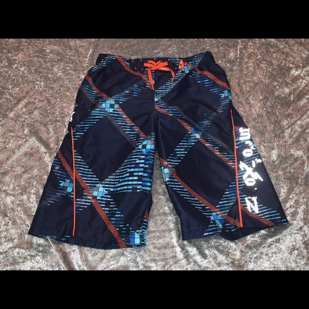 Blue and orange swimming trunks